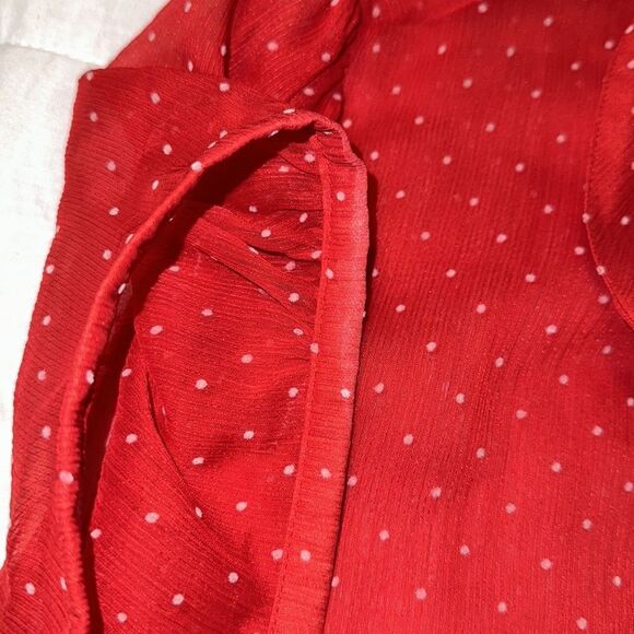 Guess L Red Textured Polka Dot Romantic Sheer Short Sleeve Collared Blouse - Picture 11 of 16